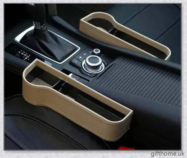 Premium car storage box with leather and plastic construction, providing ample space and a sleek design for organized in-car storage.