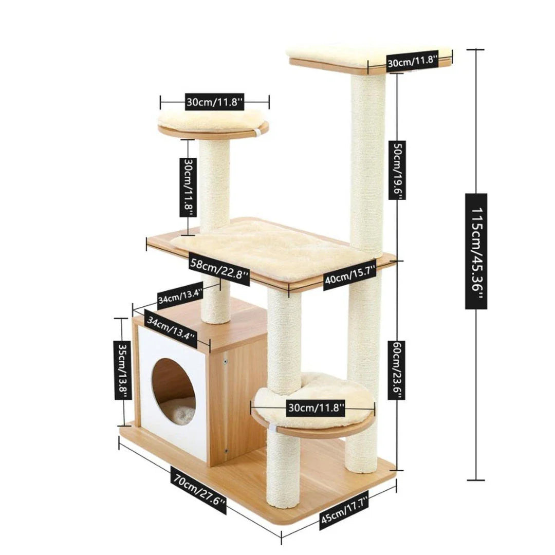 Premium pet climbing frame with sturdy base, cosy condo, and hanging ball for cats to play and relax