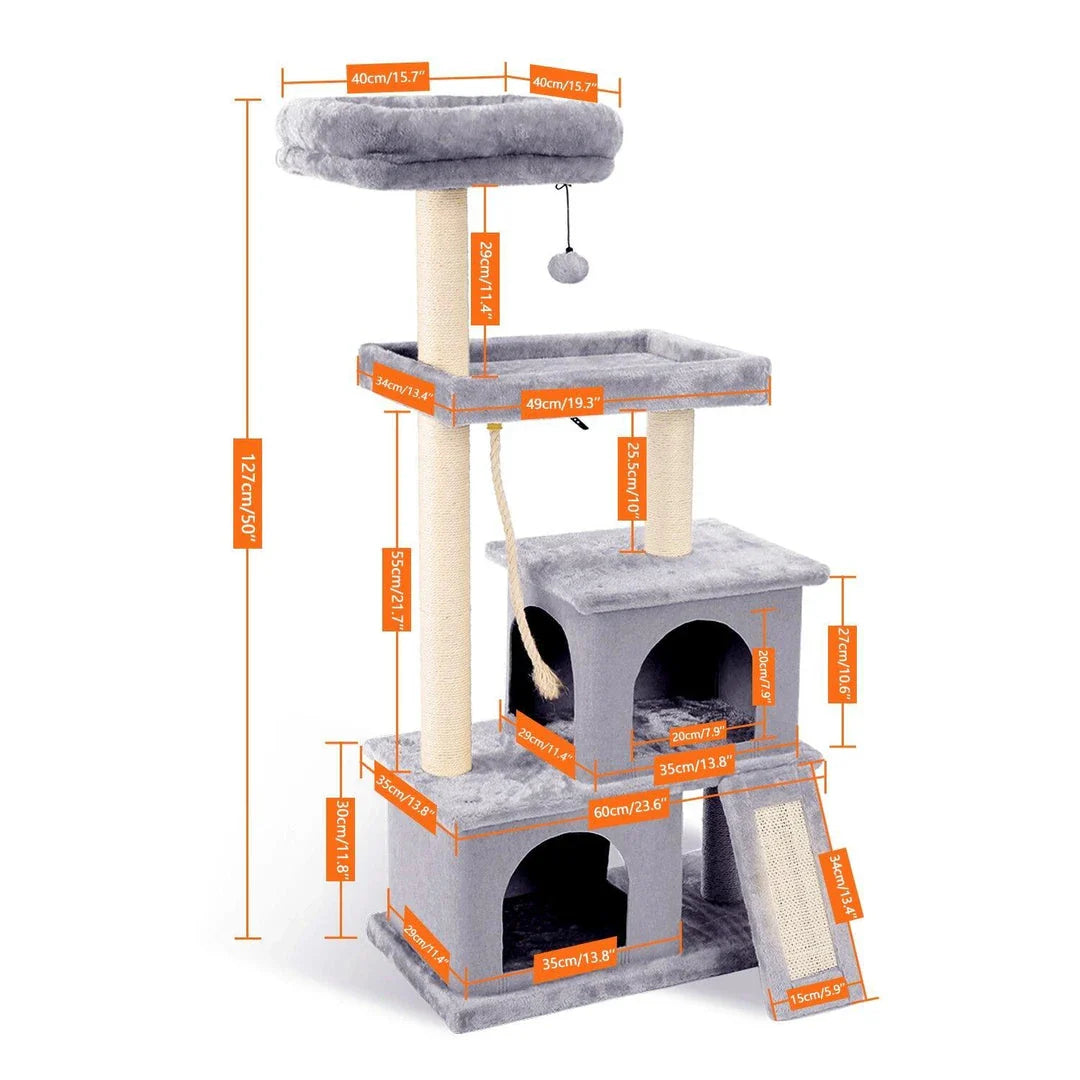 Premium pet climbing frame with sturdy base, cosy condo, and hanging ball for cats to play and relax