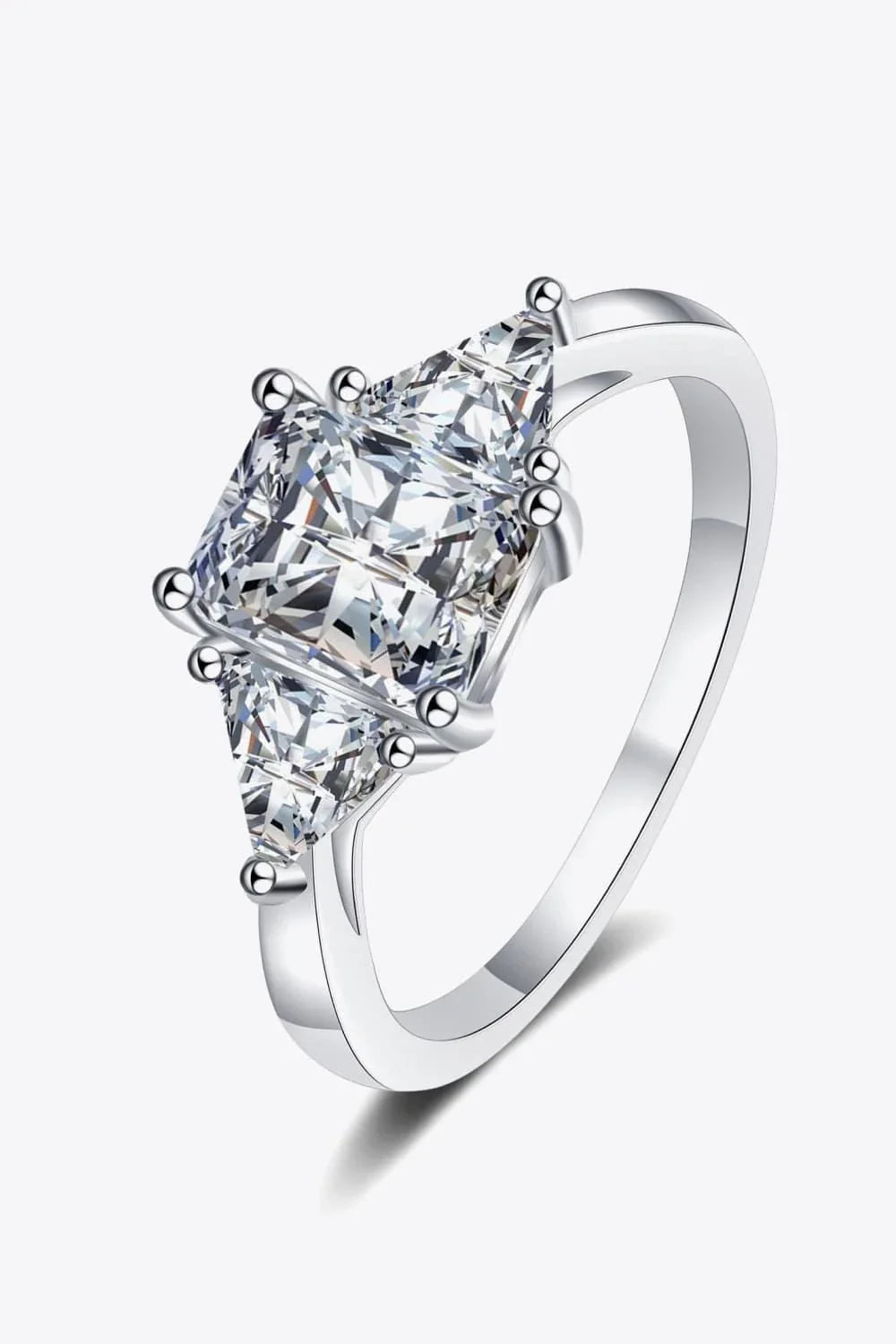 3 carat moissanite sterling silver ring with rhodium plating in a modern, minimalist design