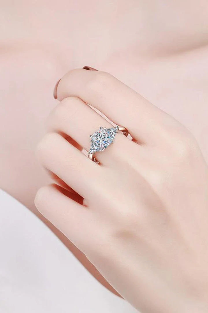 3 carat moissanite sterling silver ring with rhodium plating in a modern, minimalist design