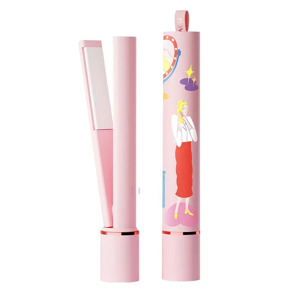 2-in-1 Mini Ceramic Hair Straightener and Curling Iron in Pink with US Plug