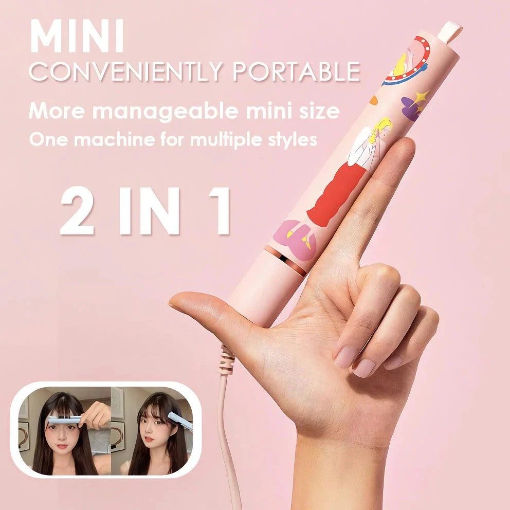 2-in-1 Mini Ceramic Hair Straightener and Curling Iron in Pink with US Plug