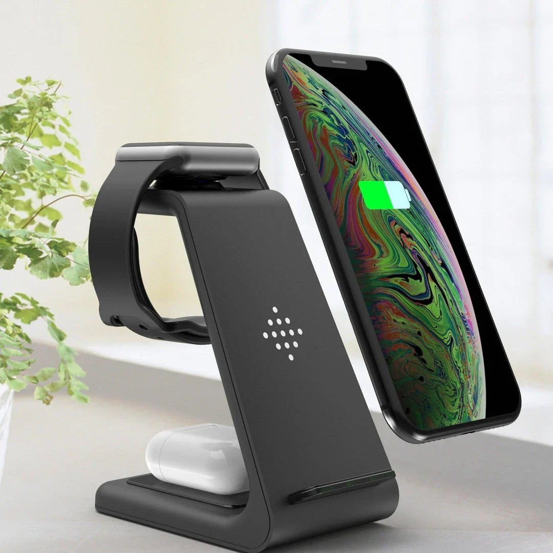 A stylish 3-in-1 wireless charging station for smartphones, smartwatches, and wireless earbuds