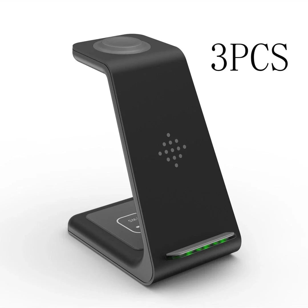 A stylish 3-in-1 wireless charging station for smartphones, smartwatches, and wireless earbuds