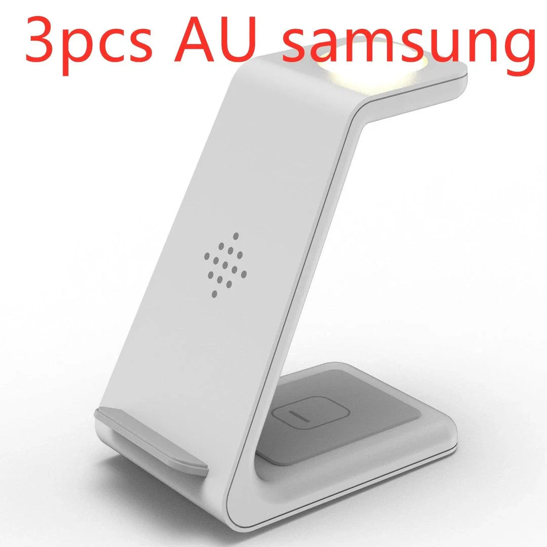 A stylish 3-in-1 wireless charging station for smartphones, smartwatches, and wireless earbuds