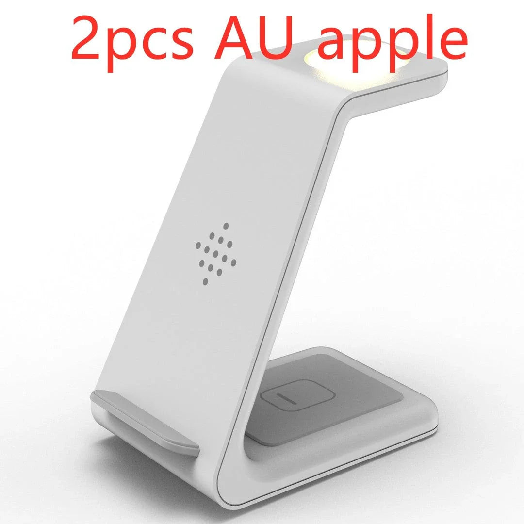 A stylish 3-in-1 wireless charging station for smartphones, smartwatches, and wireless earbuds