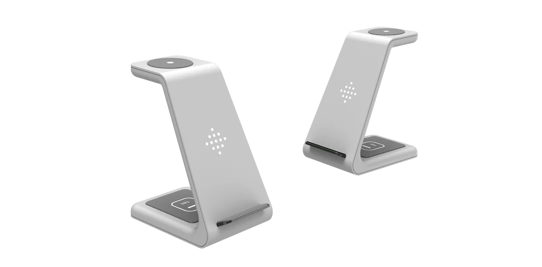 A stylish 3-in-1 wireless charging station for smartphones, smartwatches, and wireless earbuds