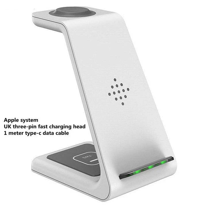A stylish 3-in-1 wireless charging station for smartphones, smartwatches, and wireless earbuds