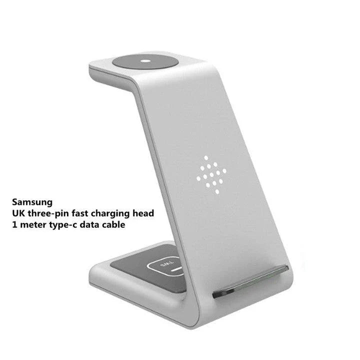A stylish 3-in-1 wireless charging station for smartphones, smartwatches, and wireless earbuds