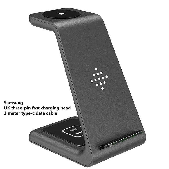 A stylish 3-in-1 wireless charging station for smartphones, smartwatches, and wireless earbuds