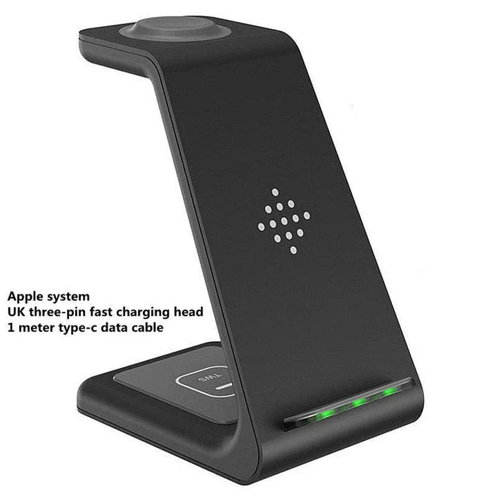 A stylish 3-in-1 wireless charging station for smartphones, smartwatches, and wireless earbuds