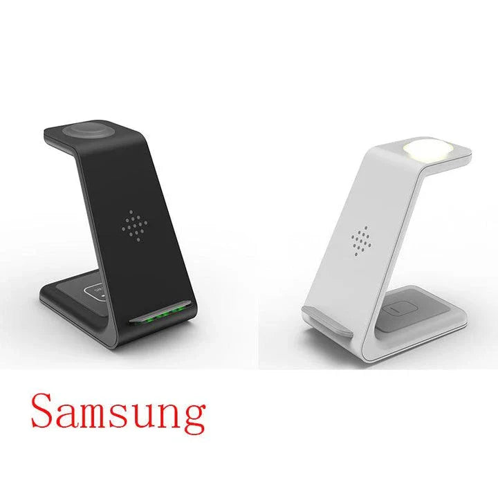 A stylish 3-in-1 wireless charging station for smartphones, smartwatches, and wireless earbuds