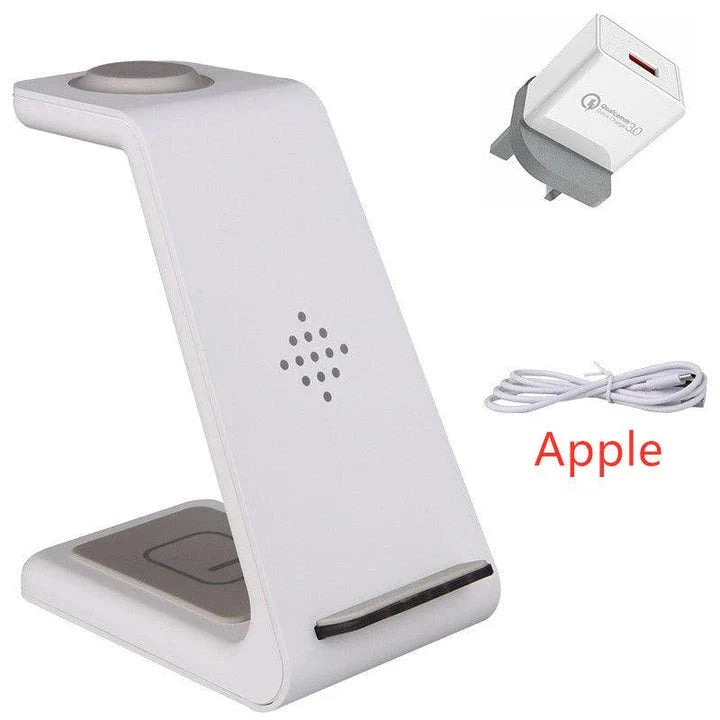 A stylish 3-in-1 wireless charging station for smartphones, smartwatches, and wireless earbuds