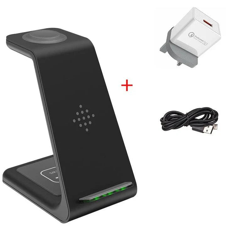 A stylish 3-in-1 wireless charging station for smartphones, smartwatches, and wireless earbuds