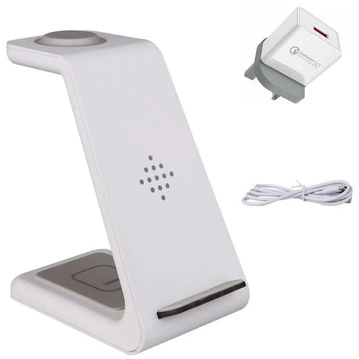 A stylish 3-in-1 wireless charging station for smartphones, smartwatches, and wireless earbuds
