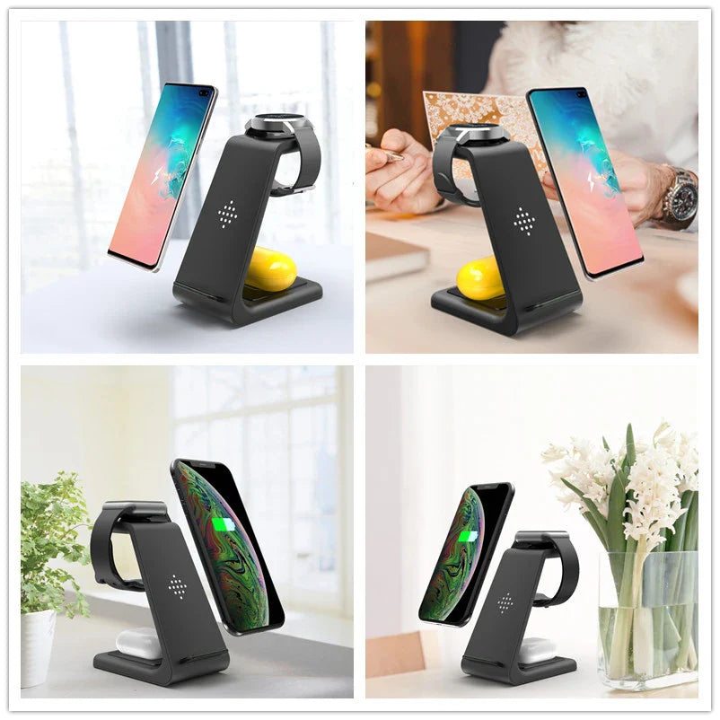 A stylish 3-in-1 wireless charging station for smartphones, smartwatches, and wireless earbuds