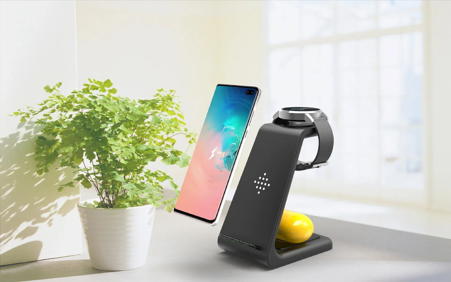A stylish 3-in-1 wireless charging station for smartphones, smartwatches, and wireless earbuds