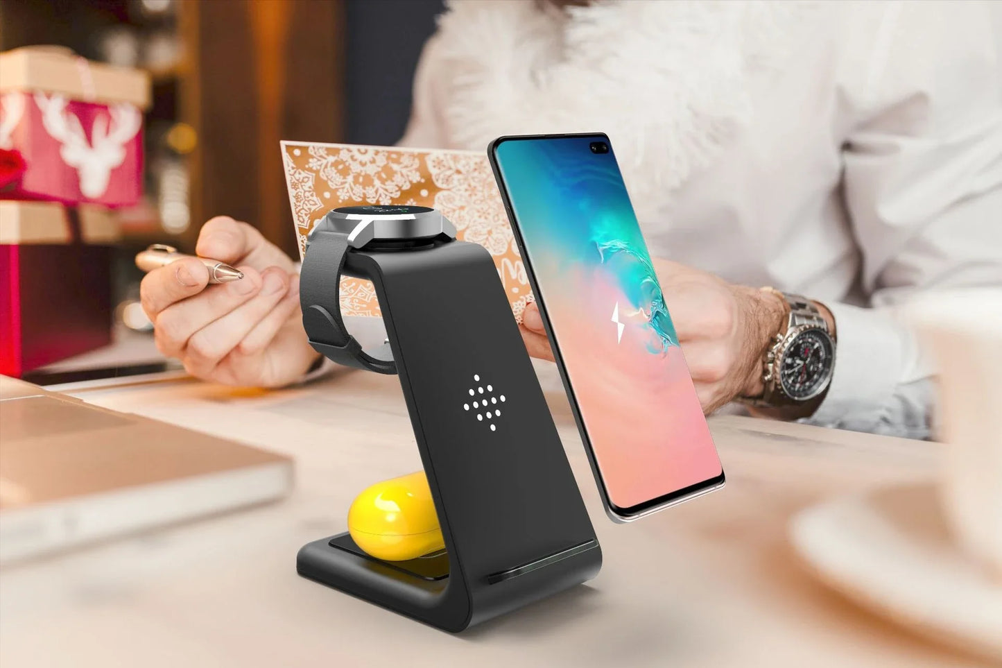 A stylish 3-in-1 wireless charging station for smartphones, smartwatches, and wireless earbuds