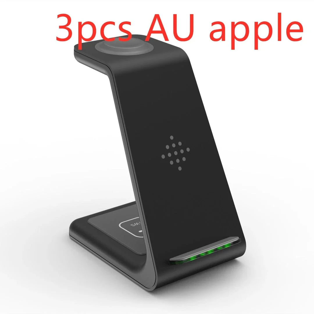 A stylish 3-in-1 wireless charging station for smartphones, smartwatches, and wireless earbuds