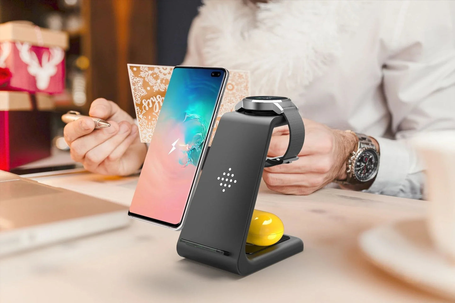 A stylish 3-in-1 wireless charging station for smartphones, smartwatches, and wireless earbuds