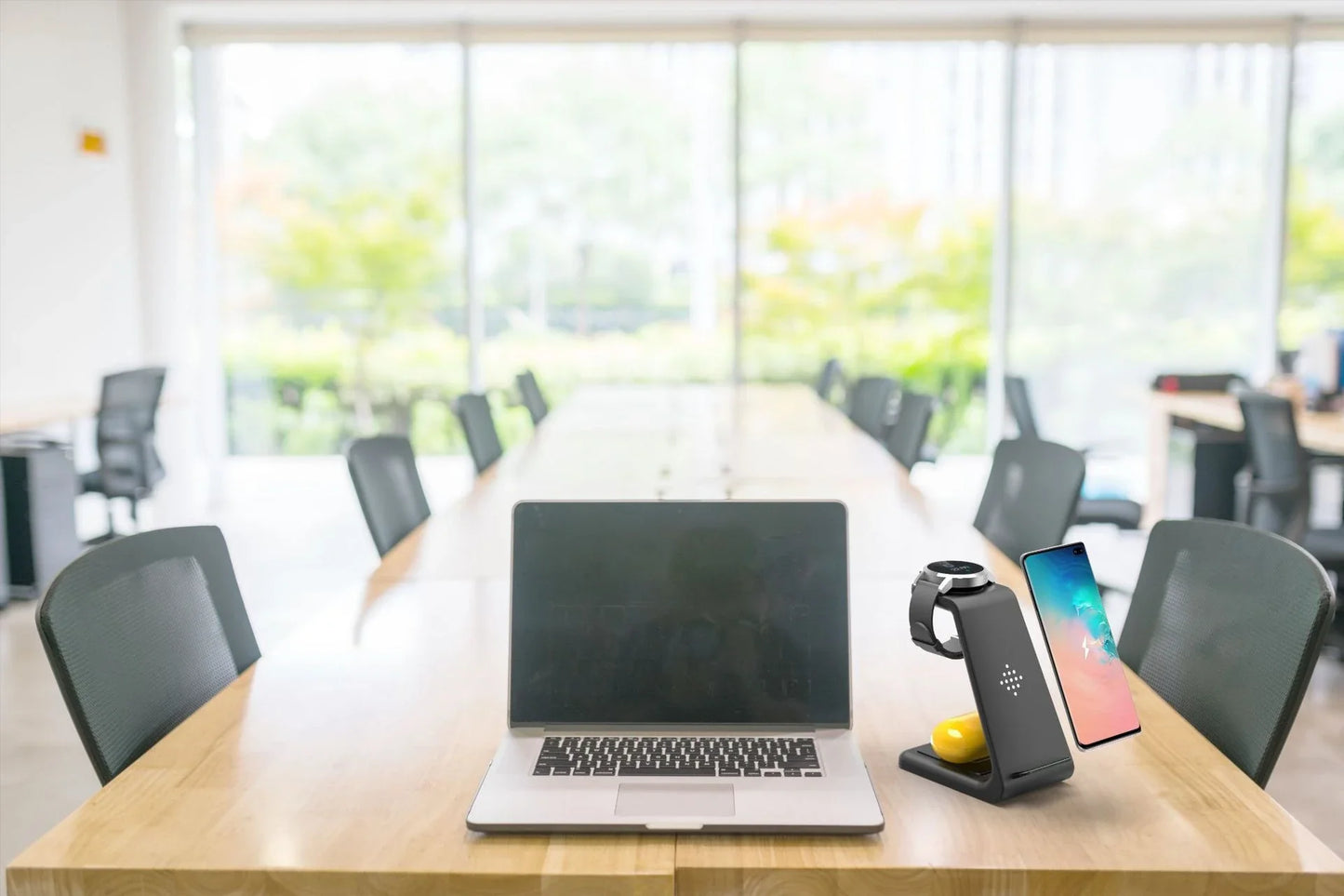 A stylish 3-in-1 wireless charging station for smartphones, smartwatches, and wireless earbuds