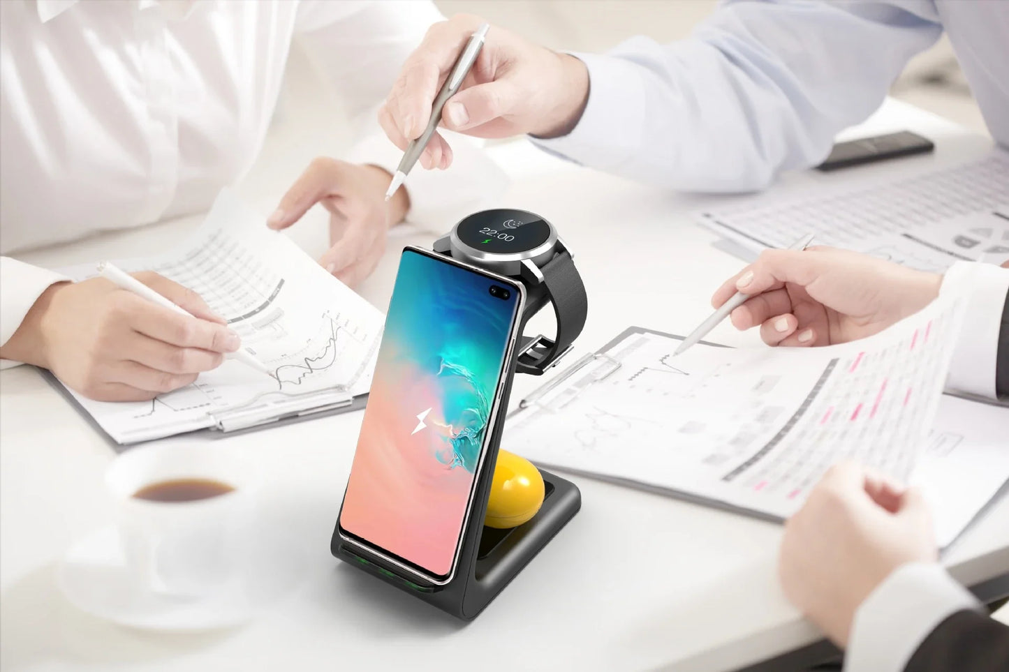 A stylish 3-in-1 wireless charging station for smartphones, smartwatches, and wireless earbuds