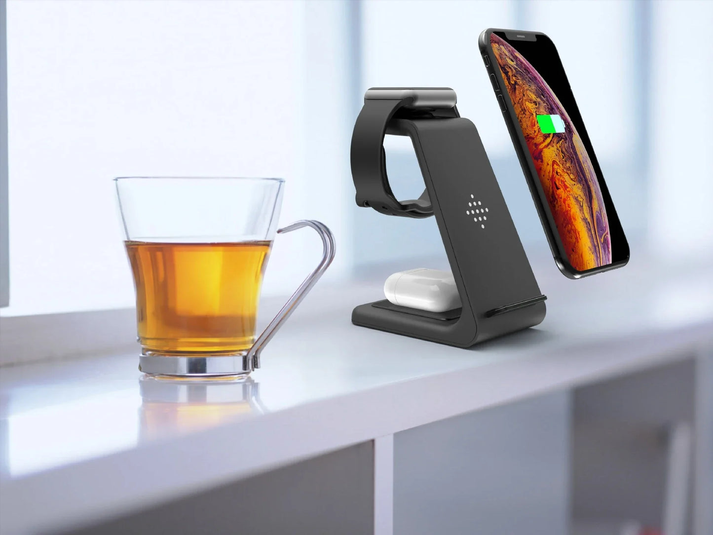 A stylish 3-in-1 wireless charging station for smartphones, smartwatches, and wireless earbuds