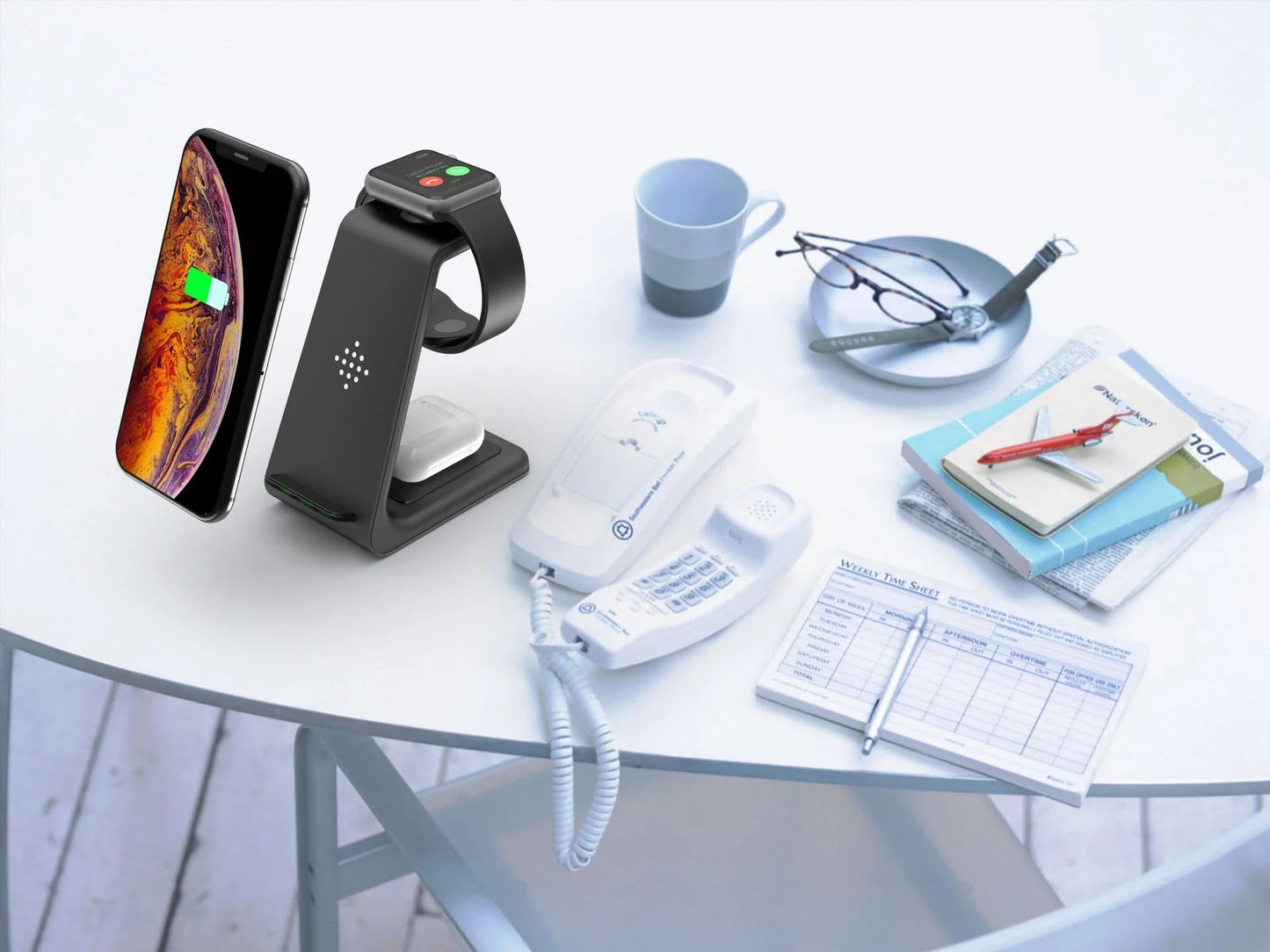 A stylish 3-in-1 wireless charging station for smartphones, smartwatches, and wireless earbuds
