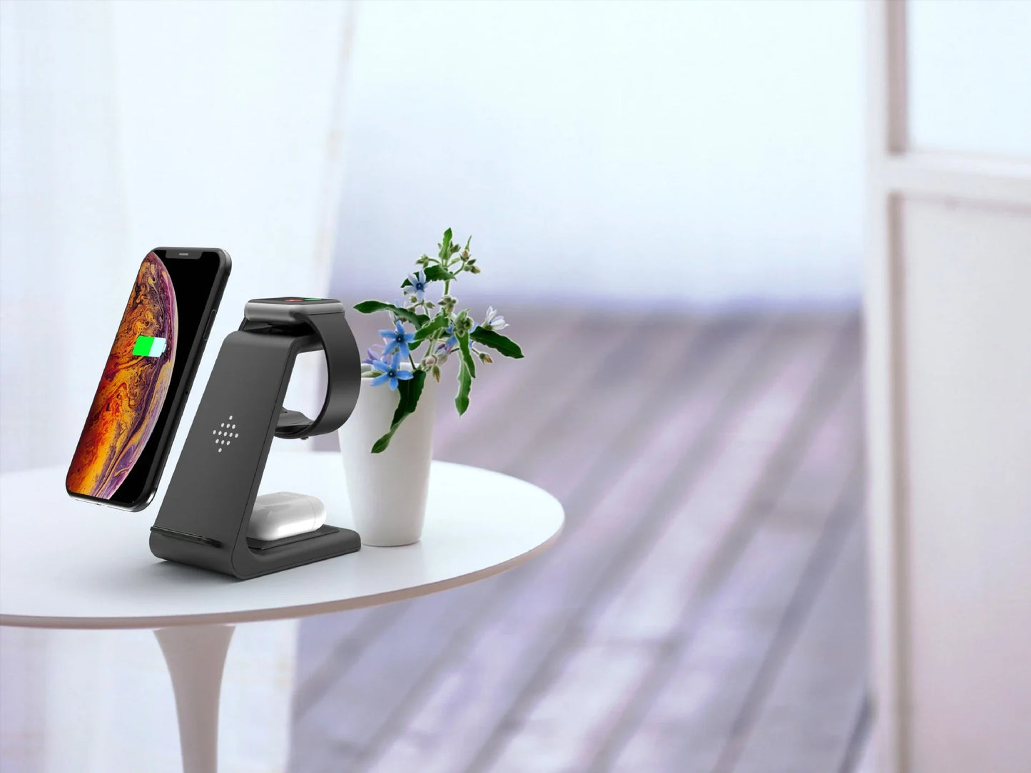 A stylish 3-in-1 wireless charging station for smartphones, smartwatches, and wireless earbuds
