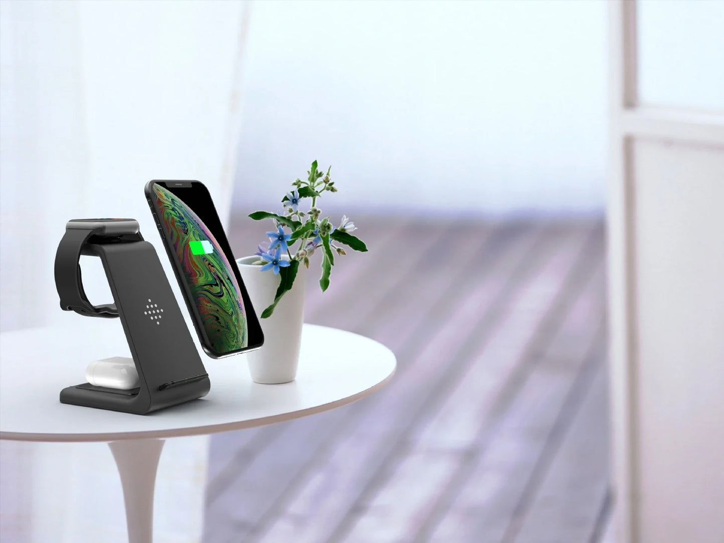 A stylish 3-in-1 wireless charging station for smartphones, smartwatches, and wireless earbuds