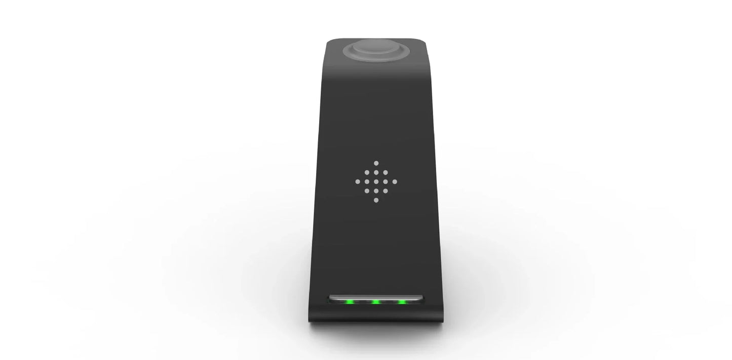 A stylish 3-in-1 wireless charging station for smartphones, smartwatches, and wireless earbuds