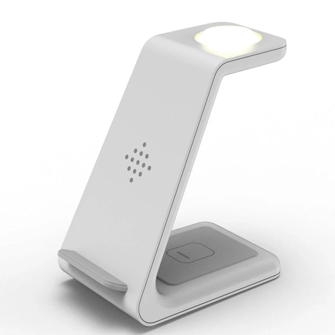 A stylish 3-in-1 wireless charging station for smartphones, smartwatches, and wireless earbuds