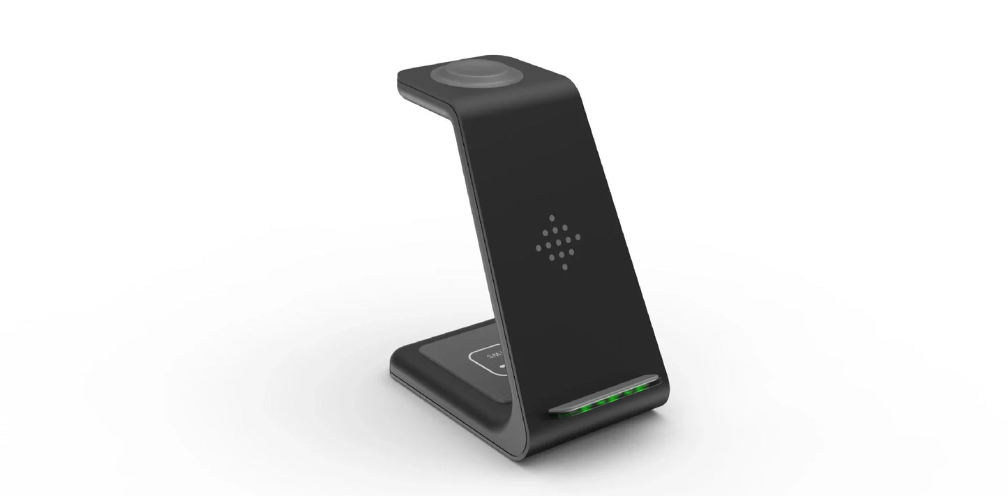 A stylish 3-in-1 wireless charging station for smartphones, smartwatches, and wireless earbuds