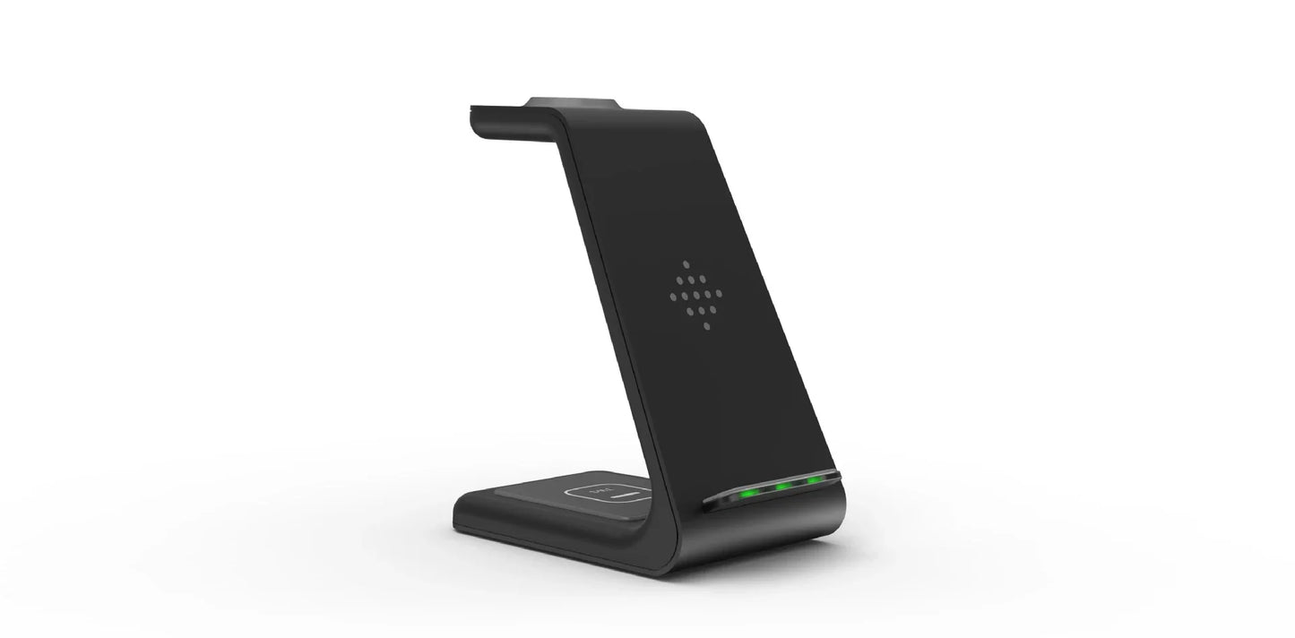 A stylish 3-in-1 wireless charging station for smartphones, smartwatches, and wireless earbuds