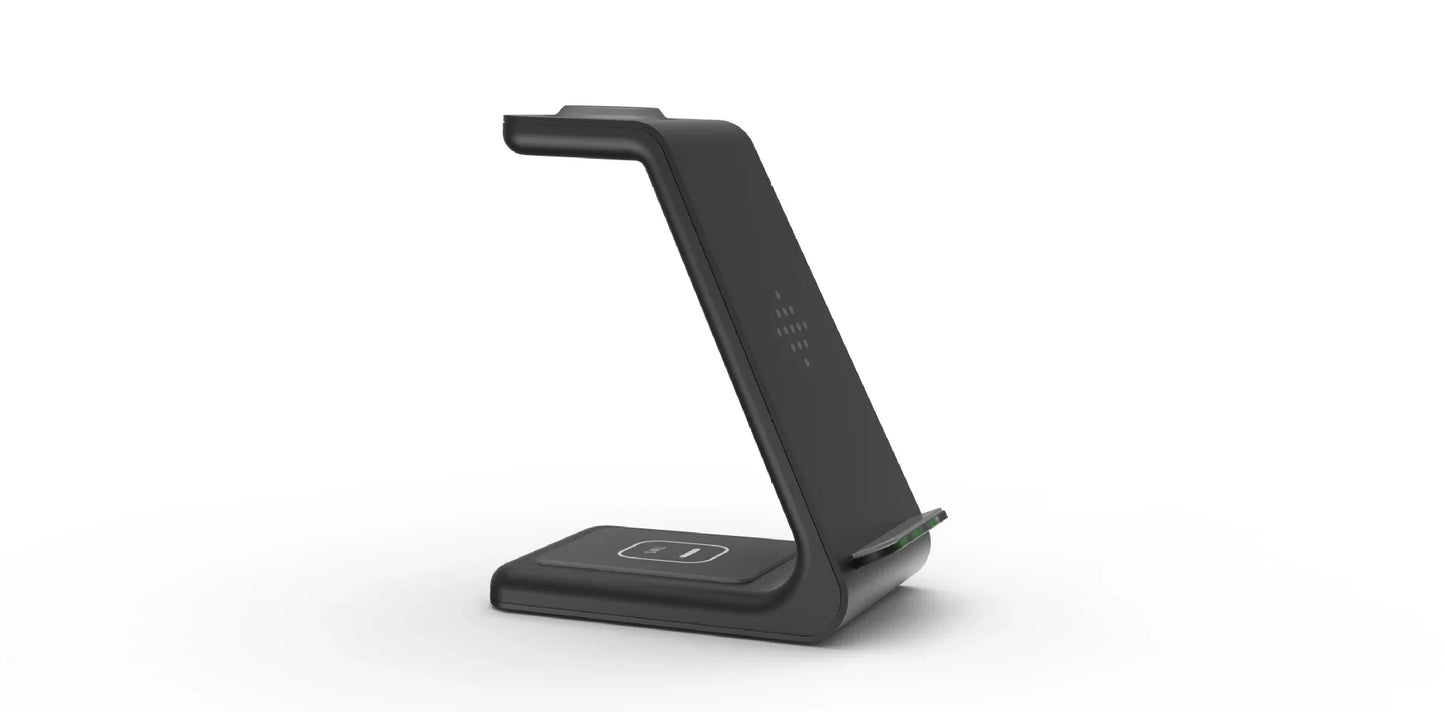A stylish 3-in-1 wireless charging station for smartphones, smartwatches, and wireless earbuds