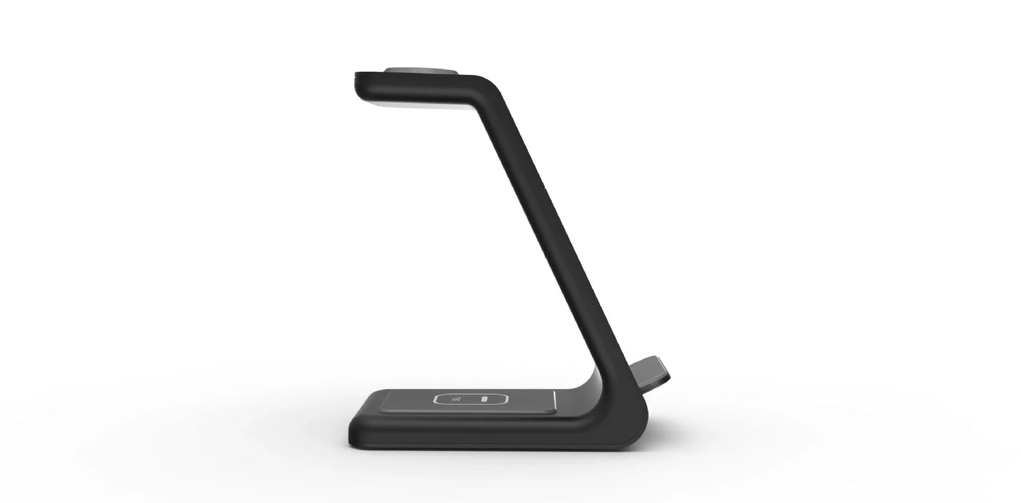 A stylish 3-in-1 wireless charging station for smartphones, smartwatches, and wireless earbuds