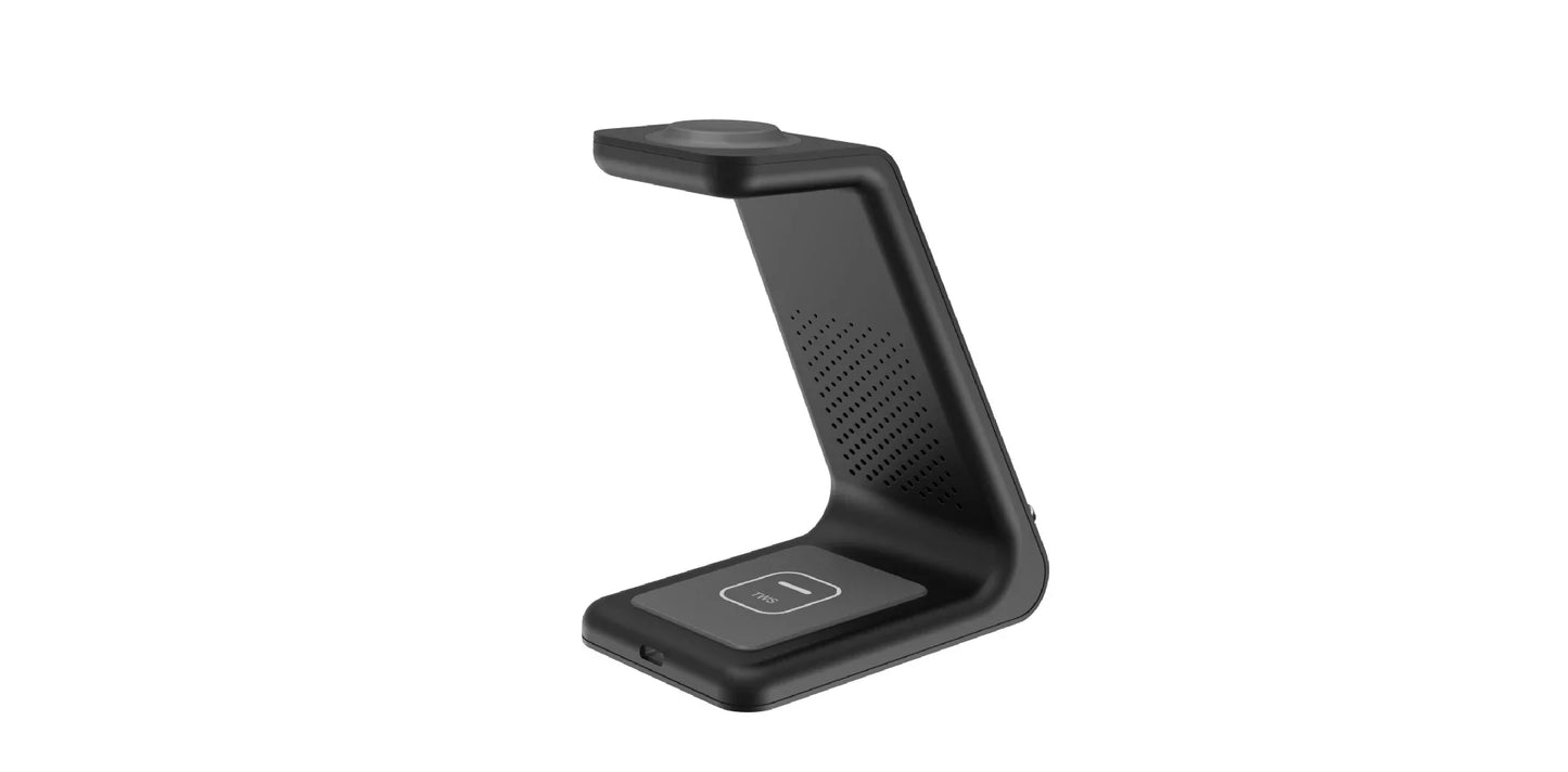 A stylish 3-in-1 wireless charging station for smartphones, smartwatches, and wireless earbuds