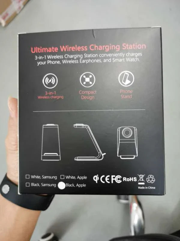 A stylish 3-in-1 wireless charging station for smartphones, smartwatches, and wireless earbuds