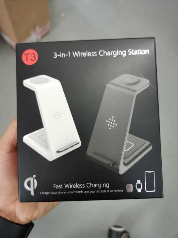 A stylish 3-in-1 wireless charging station for smartphones, smartwatches, and wireless earbuds