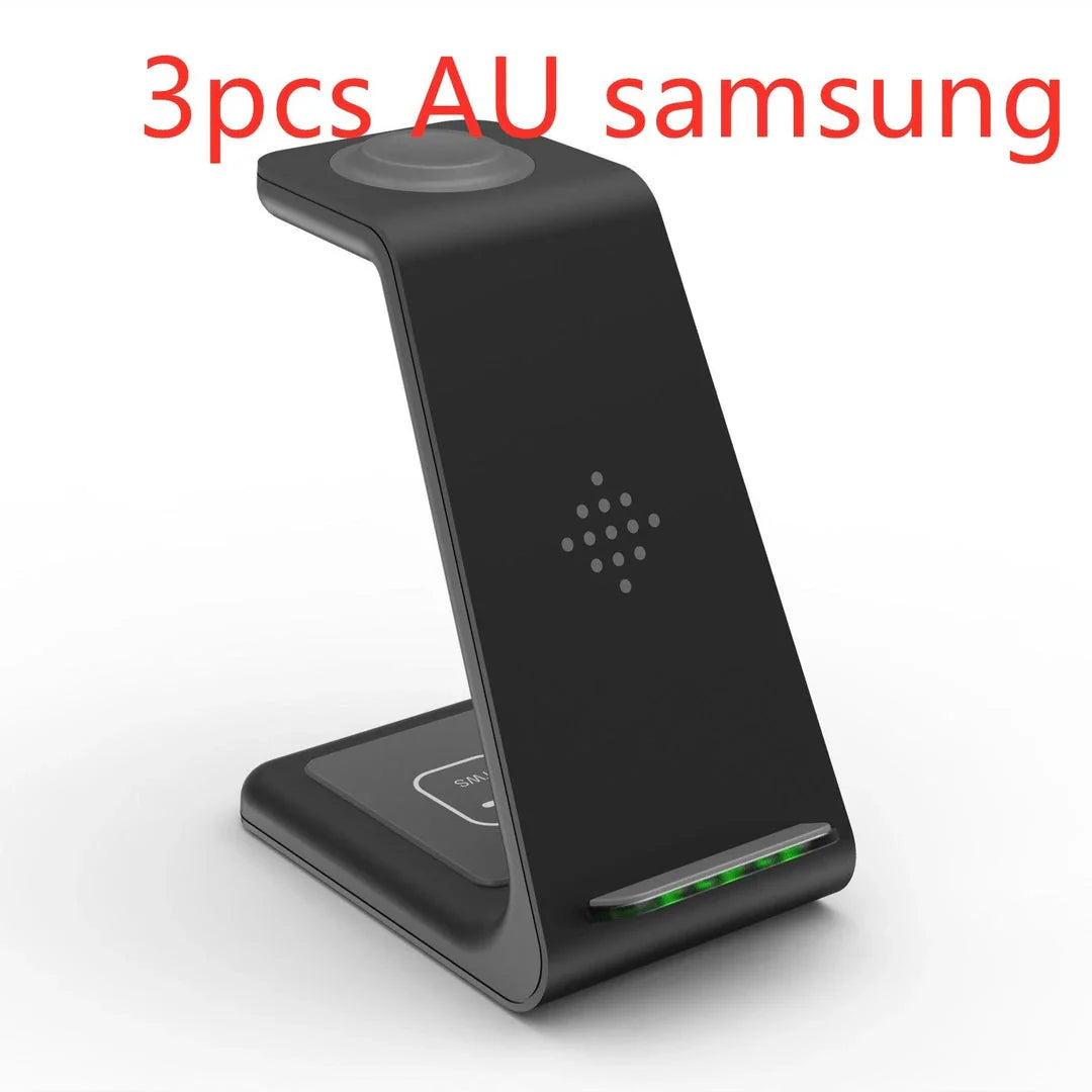 A stylish 3-in-1 wireless charging station for smartphones, smartwatches, and wireless earbuds