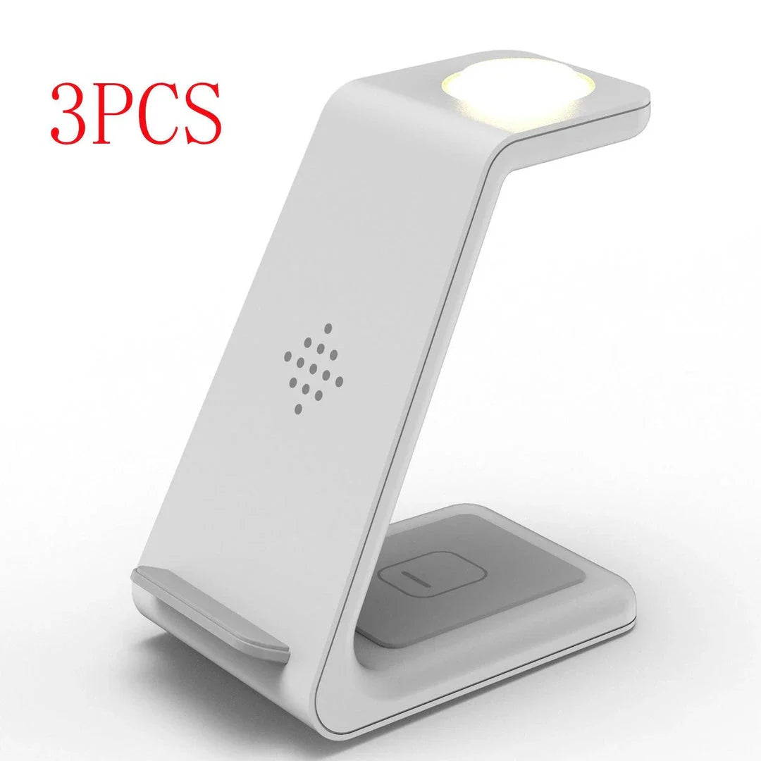A stylish 3-in-1 wireless charging station for smartphones, smartwatches, and wireless earbuds