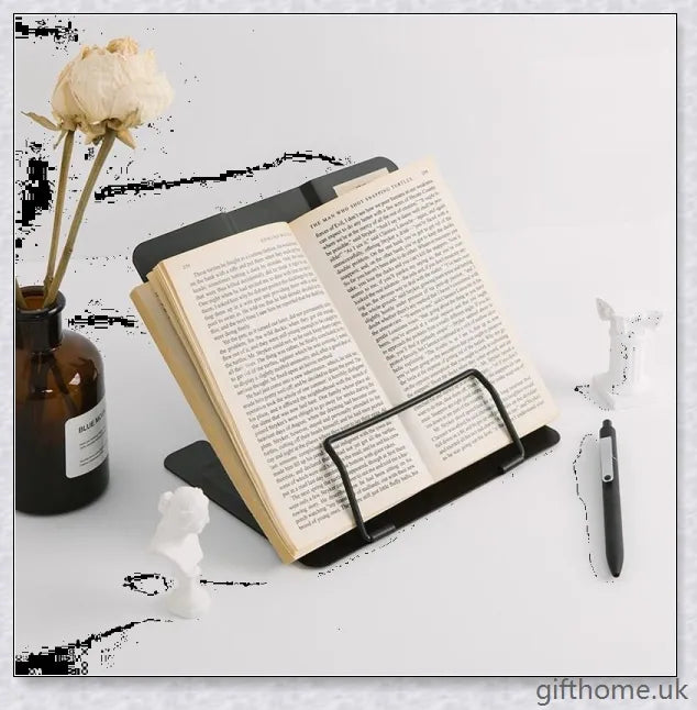 A sleek and adjustable desk book holder made of premium strip steel, providing a practical solution for organising and supporting books and documents.
