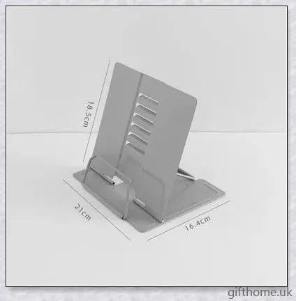 A sleek and adjustable desk book holder made of premium strip steel, providing a practical solution for organising and supporting books and documents.