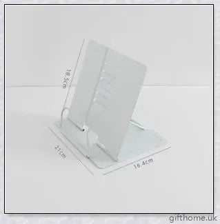 A sleek and adjustable desk book holder made of premium strip steel, providing a practical solution for organising and supporting books and documents.