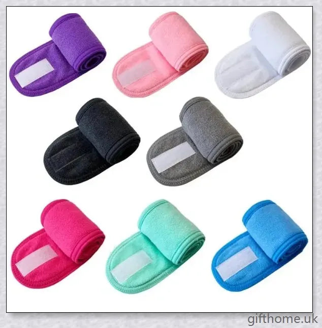Adjustable towel hairband in various solid colours, suitable for washing, yoga, and makeup routines
