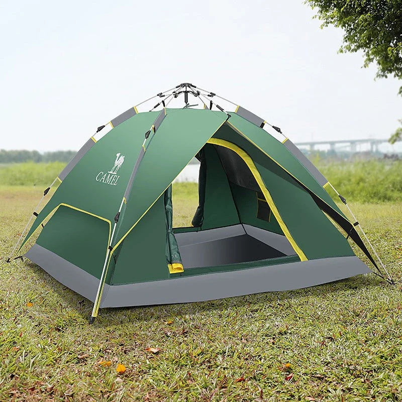 Durable outdoor automatic camping tent in green colour with cosy interior and sturdy frame