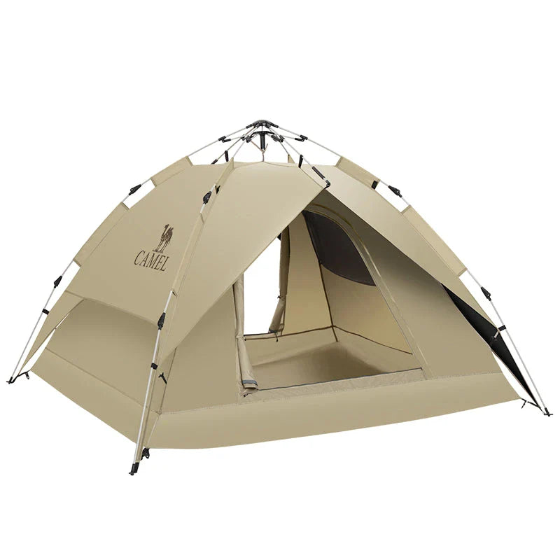 Durable outdoor automatic camping tent in green colour with cosy interior and sturdy frame