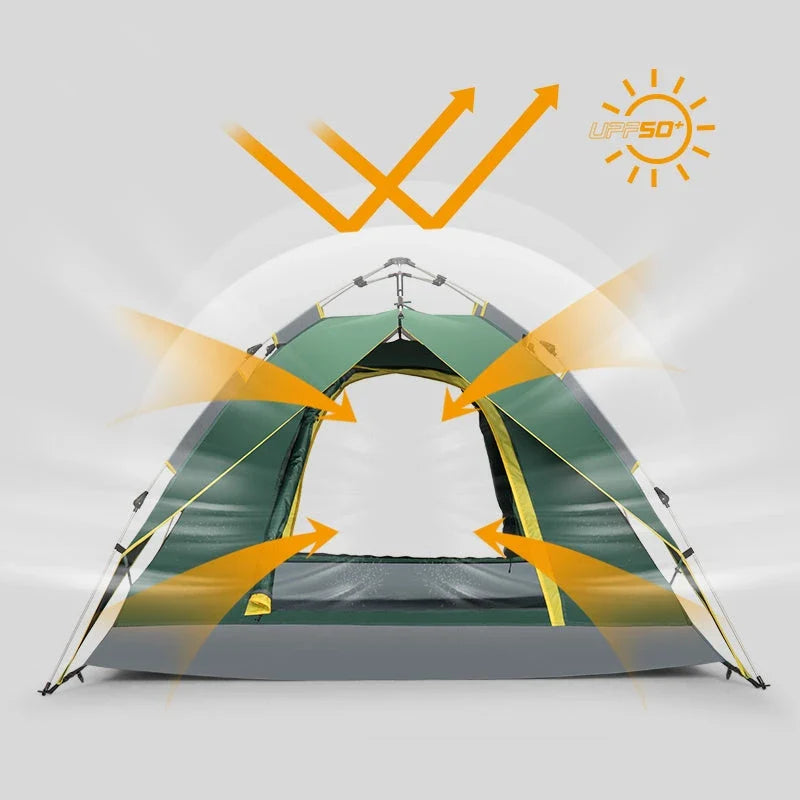 Durable outdoor automatic camping tent in green colour with cosy interior and sturdy frame