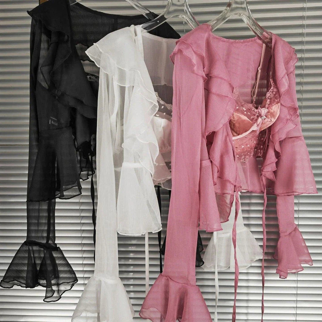 Lace Suspender Chiffon Cardigan Two-Piece Set in Black, White, and Pink colours